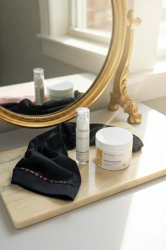Natural haircare products on a marble surface with a gold mirror in the background